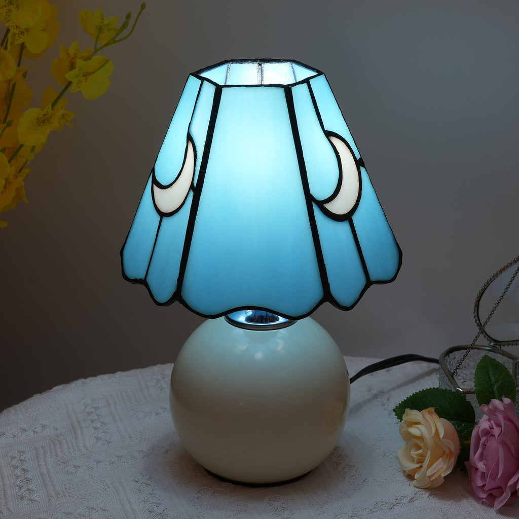 Tiffany Style Table Lamp, Blue, Moons, Cream Base