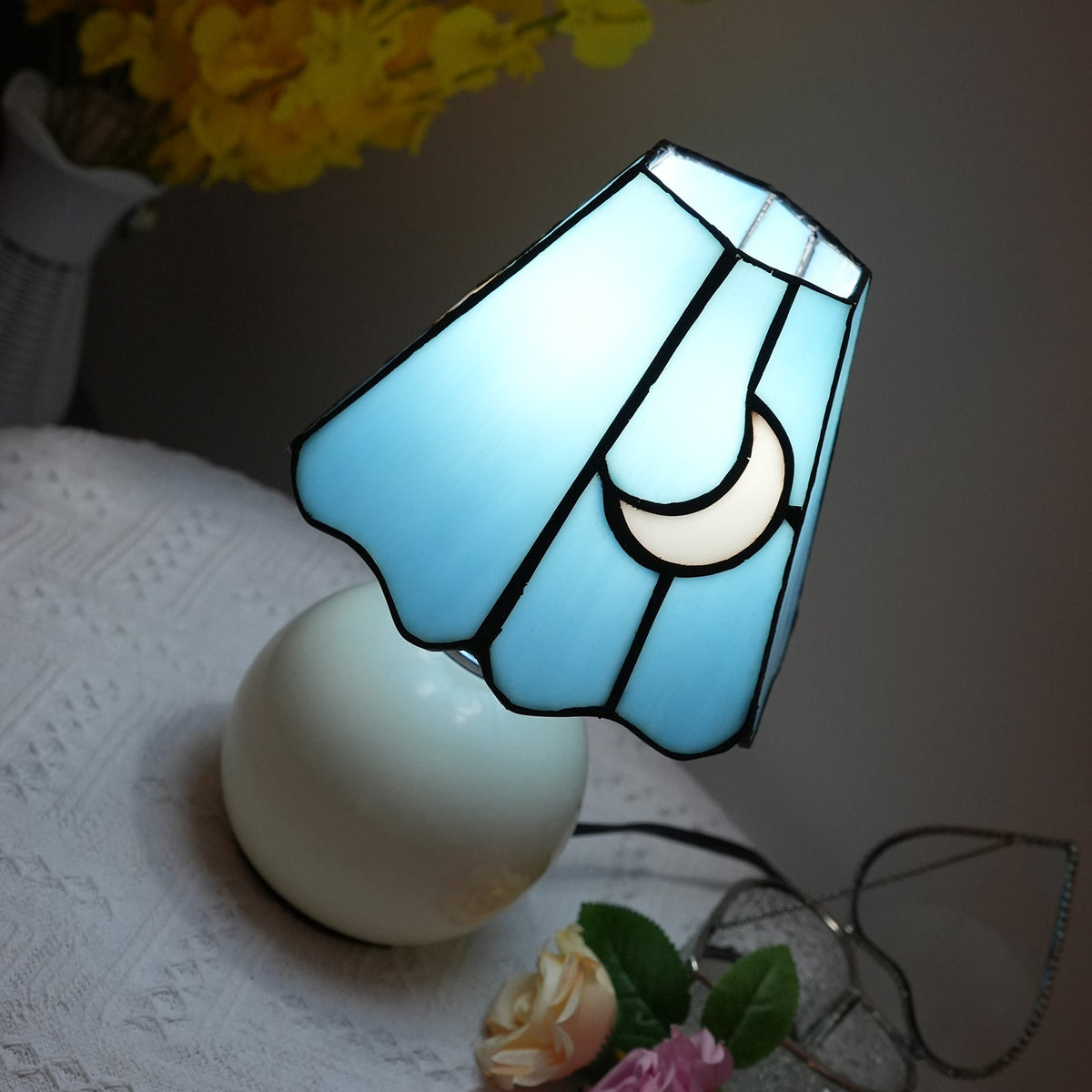 Tiffany Style Table Lamp, Blue, Moons, Cream Base