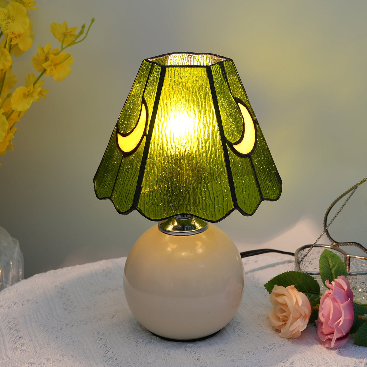 Textured Green Glass Crescent Table Lamp