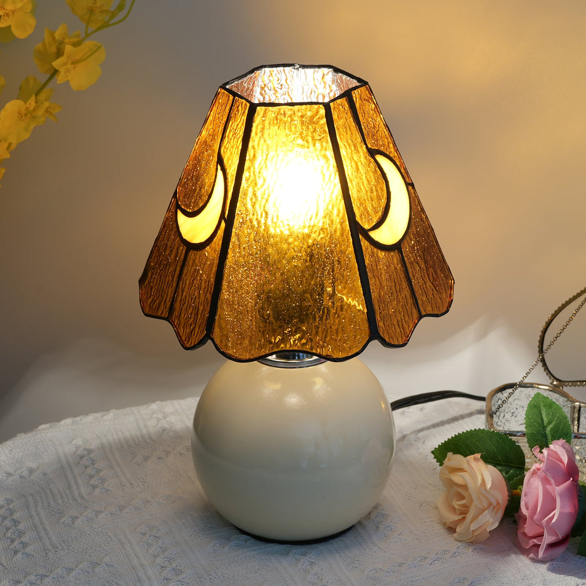 Amber Tiffany Style Crescent Moon Table Lamp