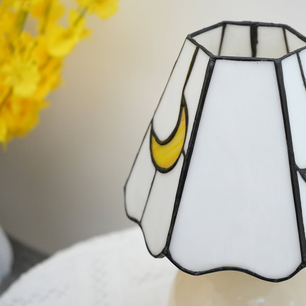 White Stained Glass Bedside Lamp with Yellow Moons