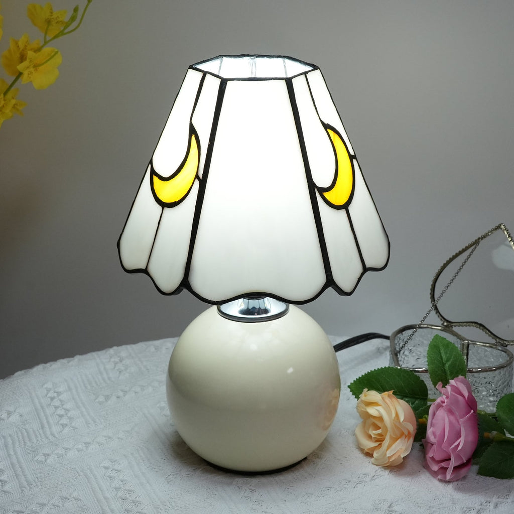 White Stained Glass Bedside Lamp with Yellow Moons