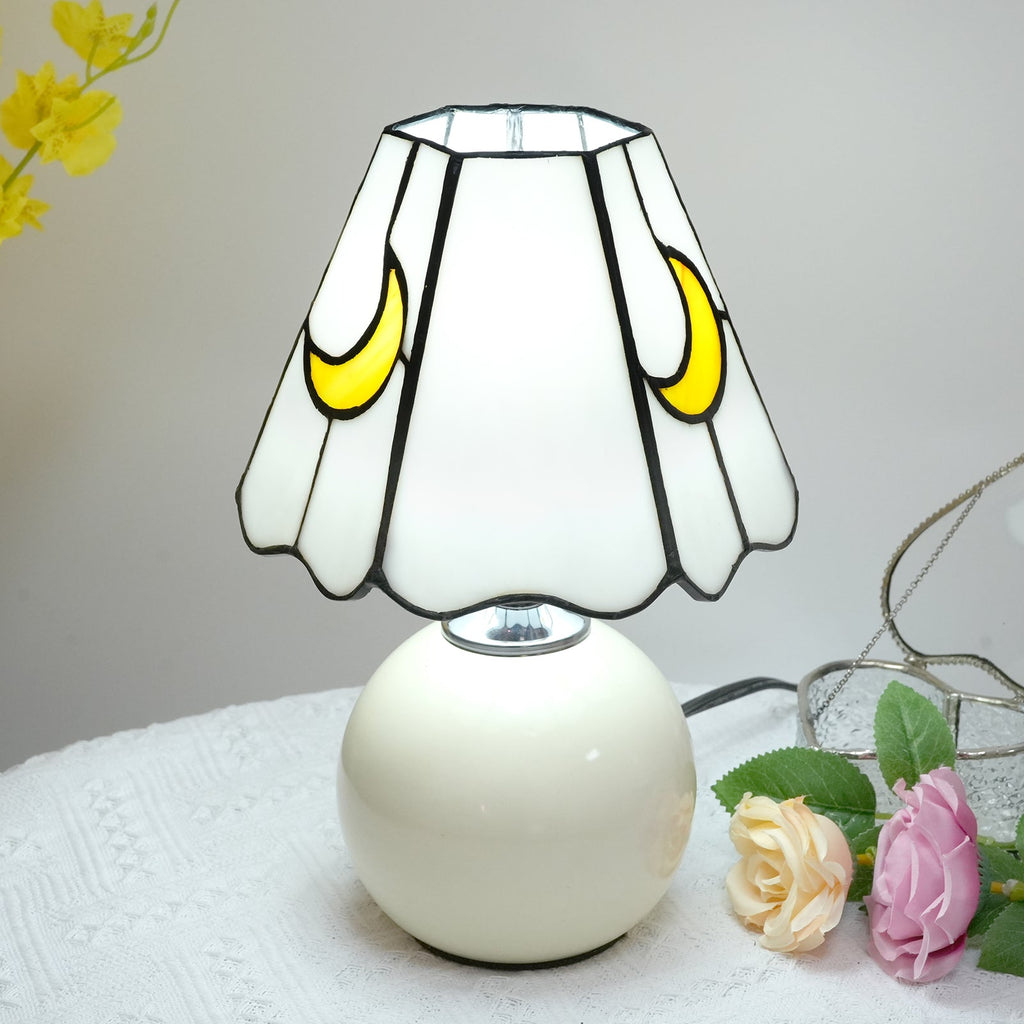 White Stained Glass Bedside Lamp with Yellow Moons