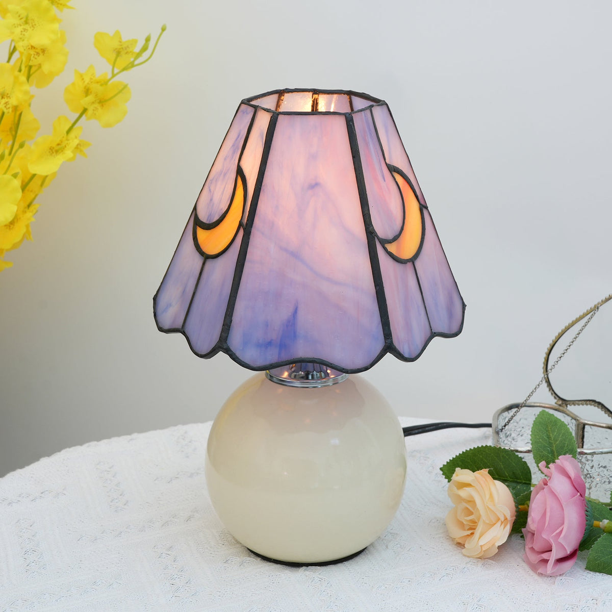 Tiffany Table Lamp in Stained Glass, Blue with Yellow Moons