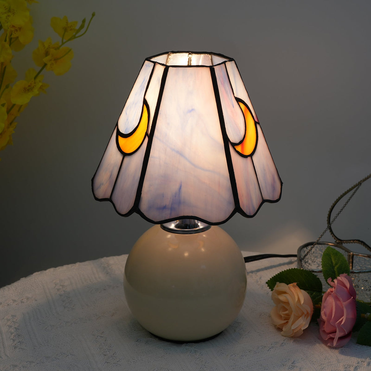 Tiffany Table Lamp in Stained Glass, Blue with Yellow Moons