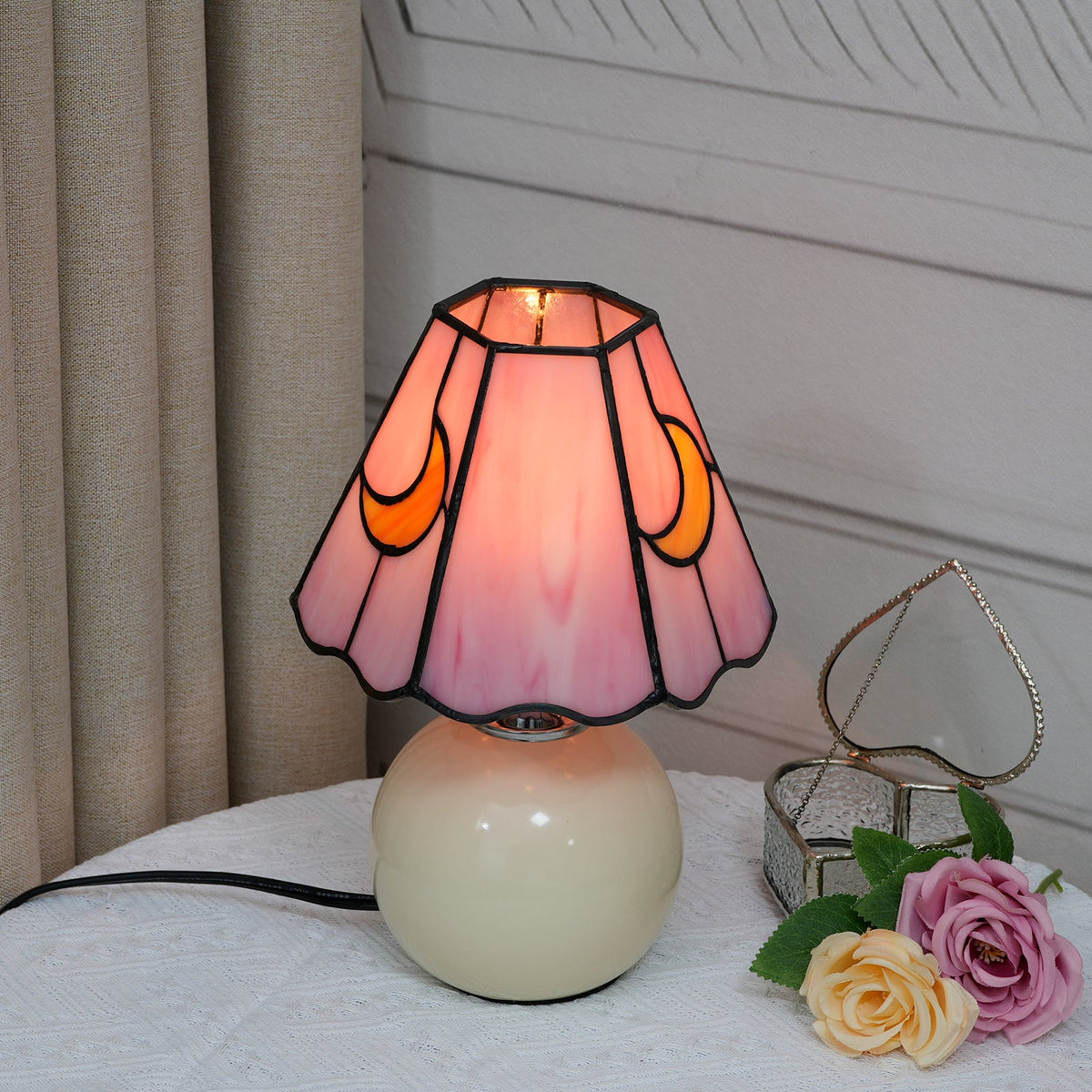 Tiffany Table Lamp in Pink Glass and Moons