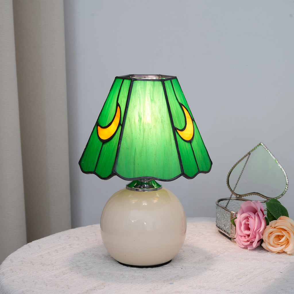Green Tiffany Table Lamp with Waxing Moons