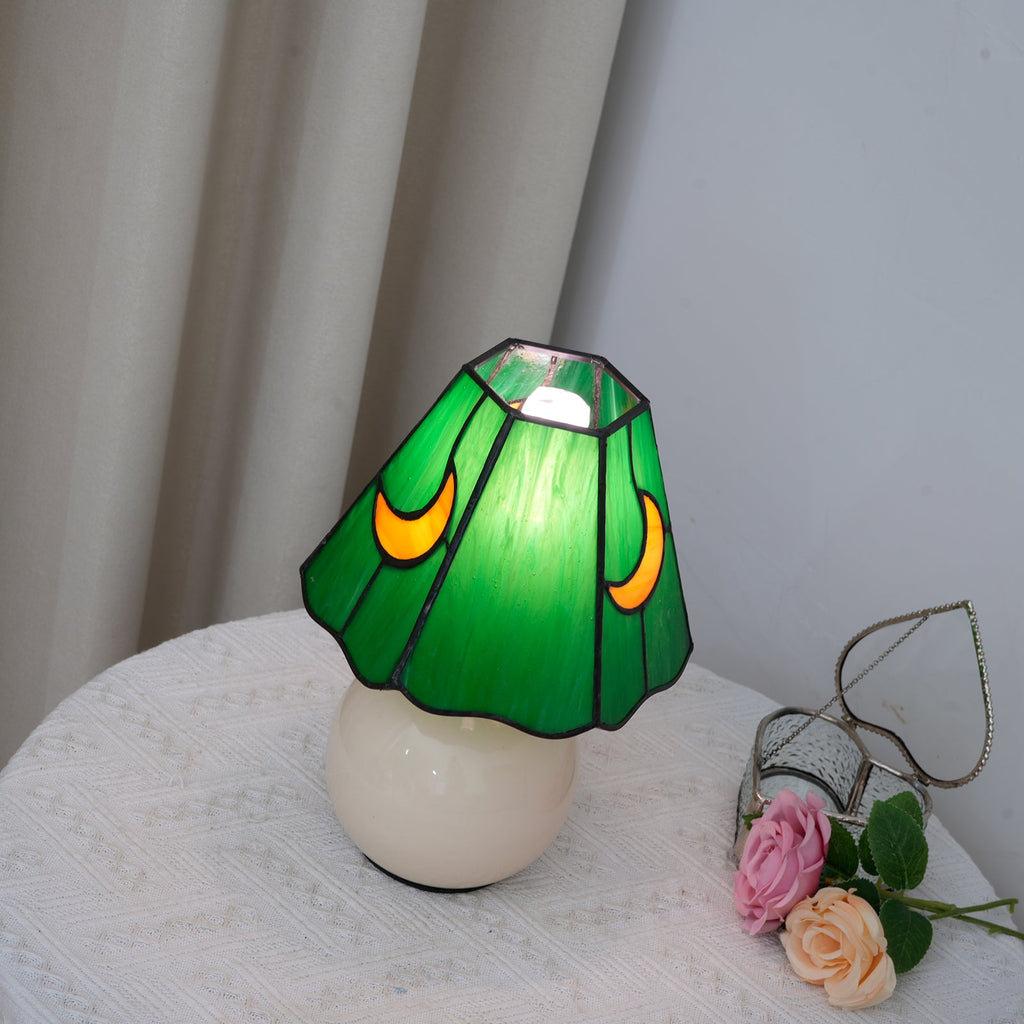 Green Tiffany Table Lamp with Waxing Moons