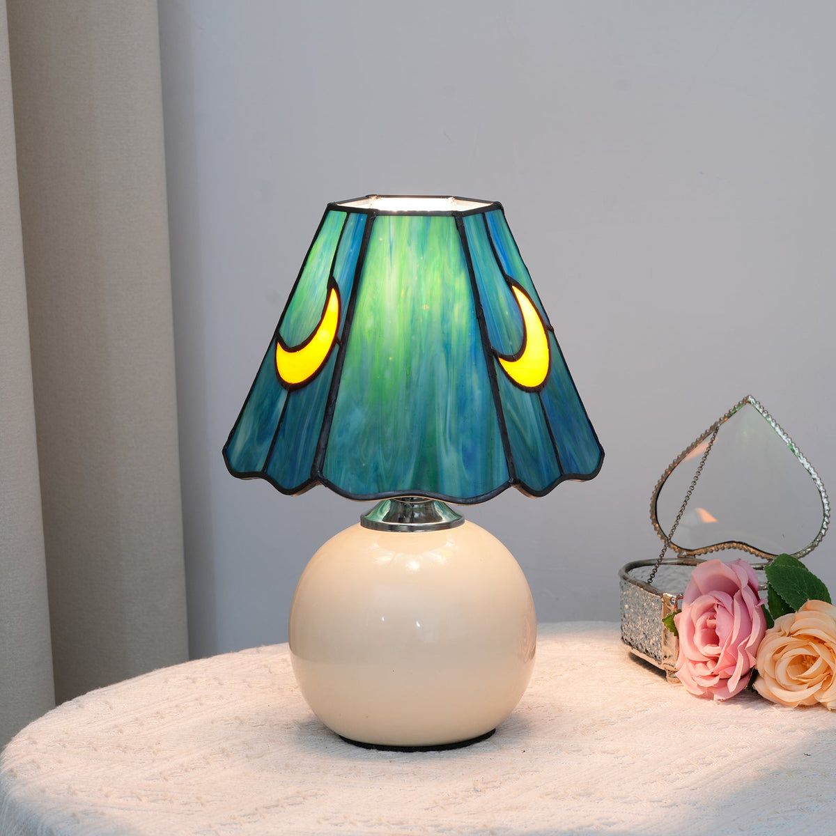 Vintage Table Lamp in Tinted Glass with Moon Motif