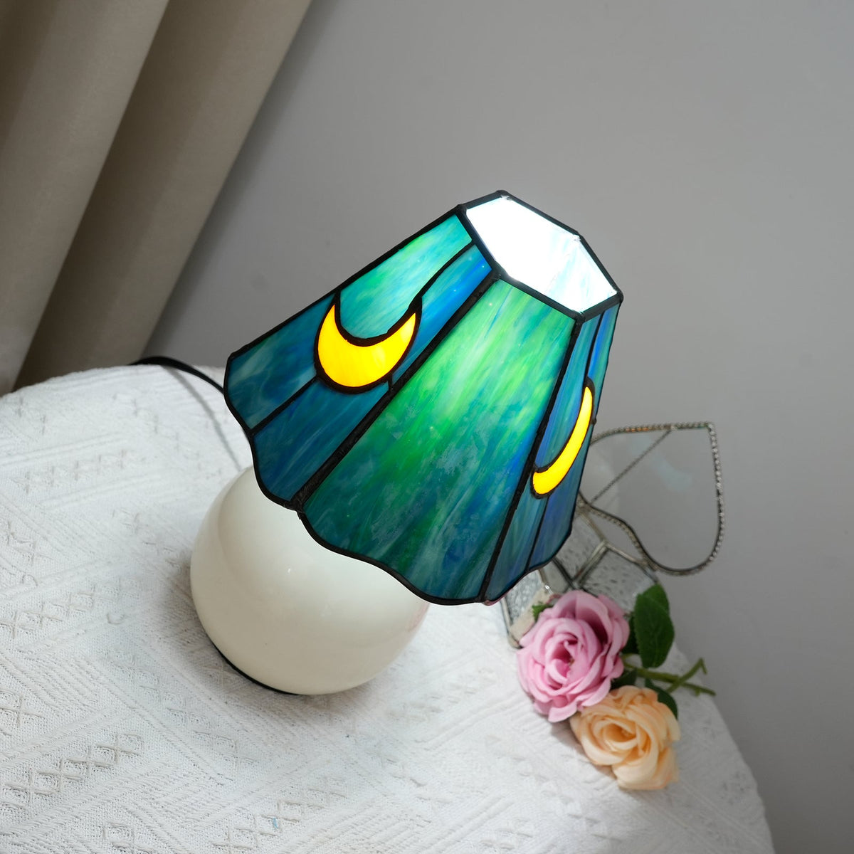 Vintage Table Lamp in Tinted Glass with Moon Motif