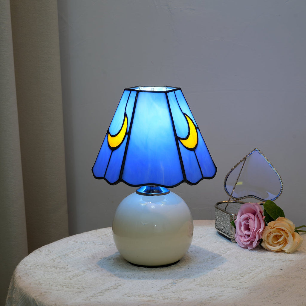 Blue Tiffany Table Lamp in Stained Glass with Moon Motif