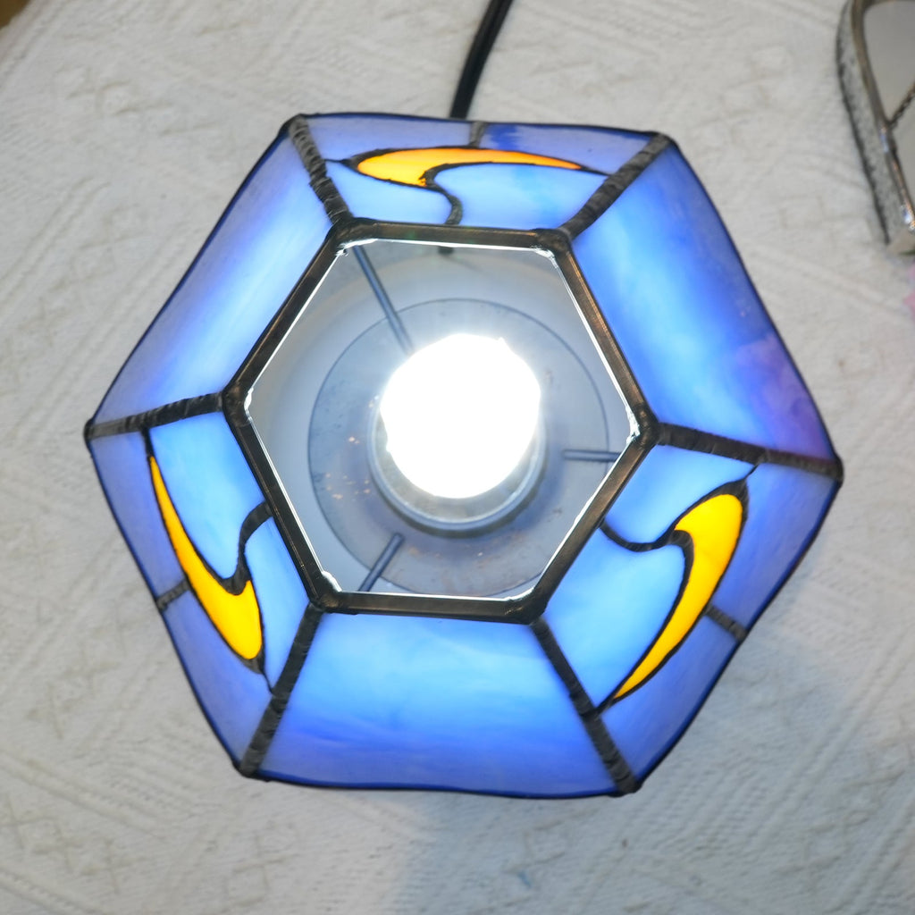 Blue Tiffany Table Lamp in Stained Glass with Moon Motif