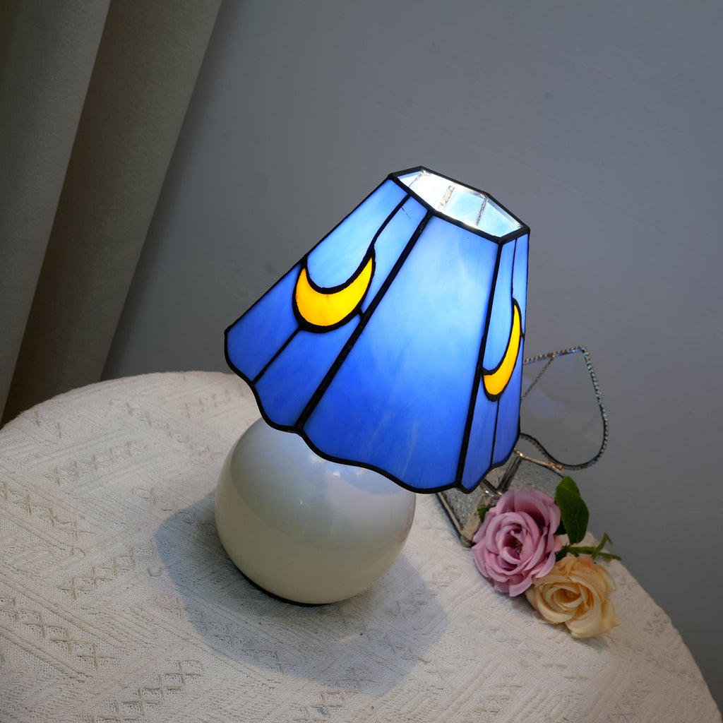 Blue Tiffany Table Lamp in Stained Glass with Moon Motif