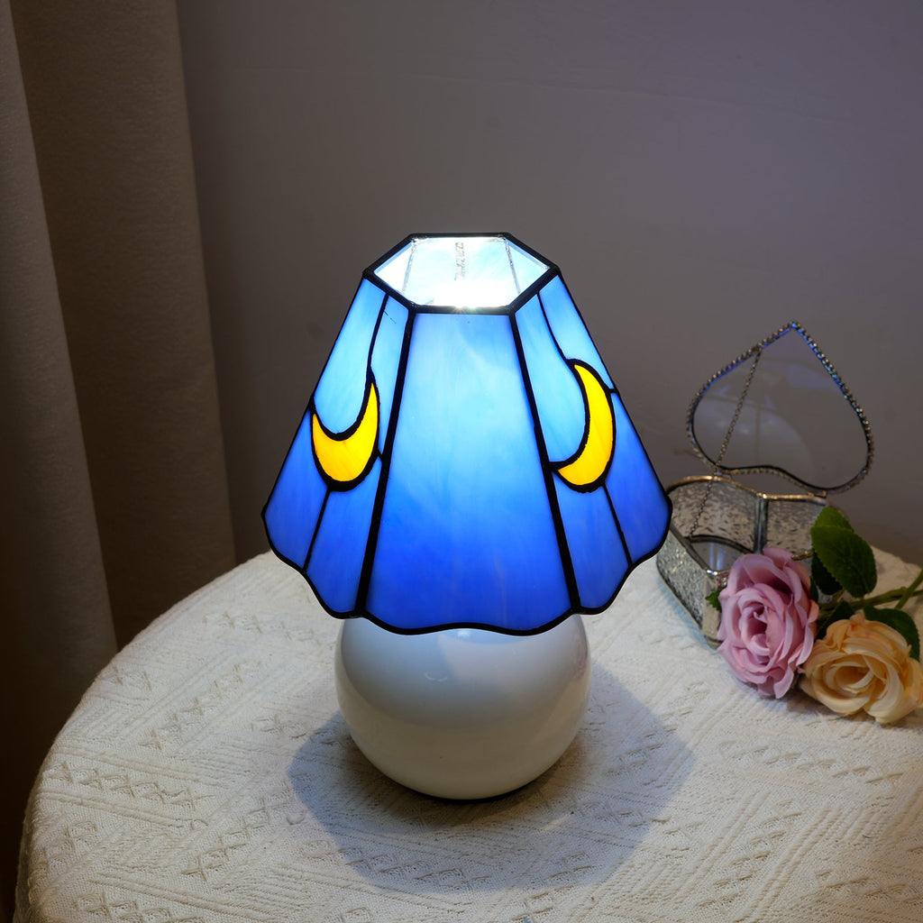 Blue Tiffany Table Lamp in Stained Glass with Moon Motif