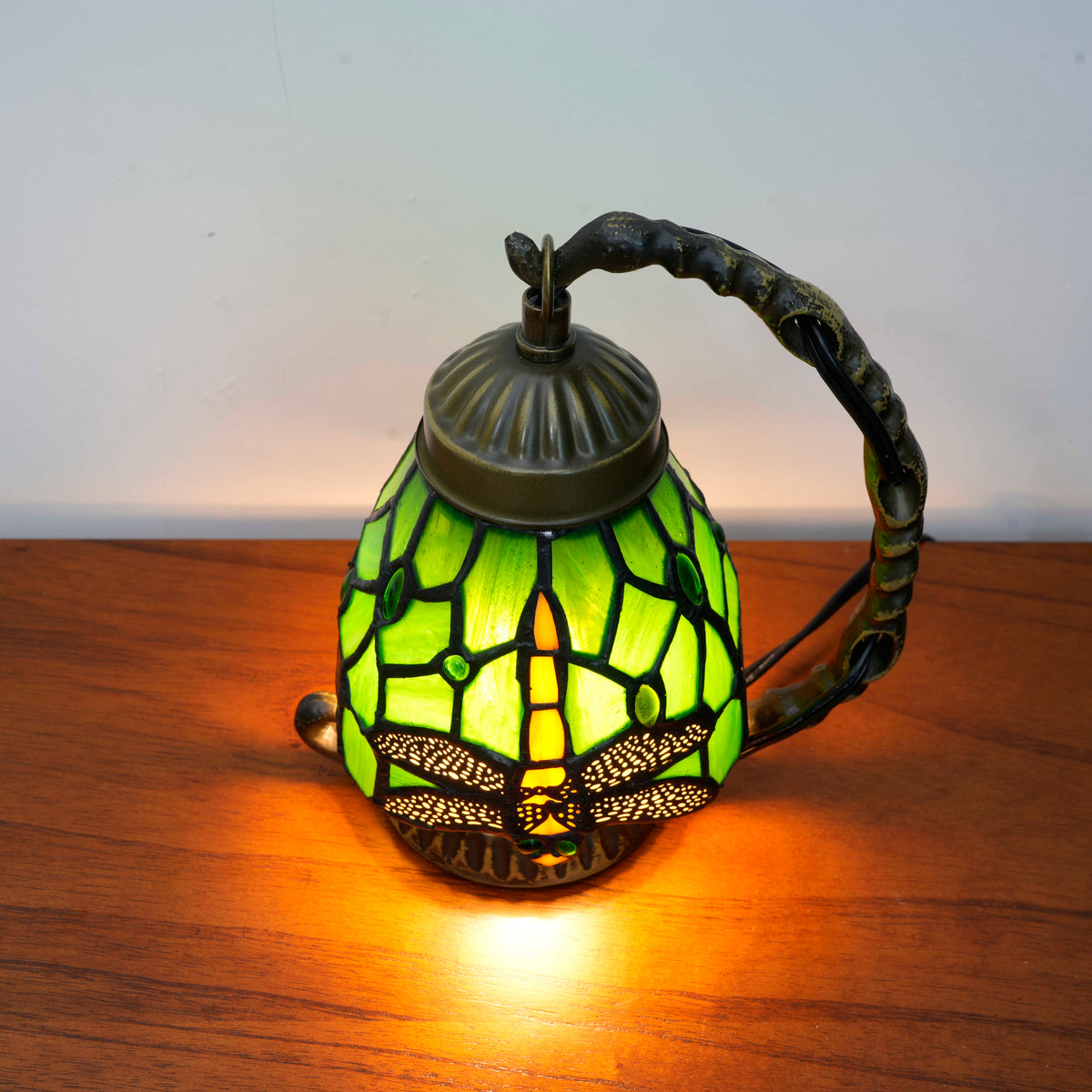 Tiffany Dragonfly Table Lamp in Green Tinted Glass