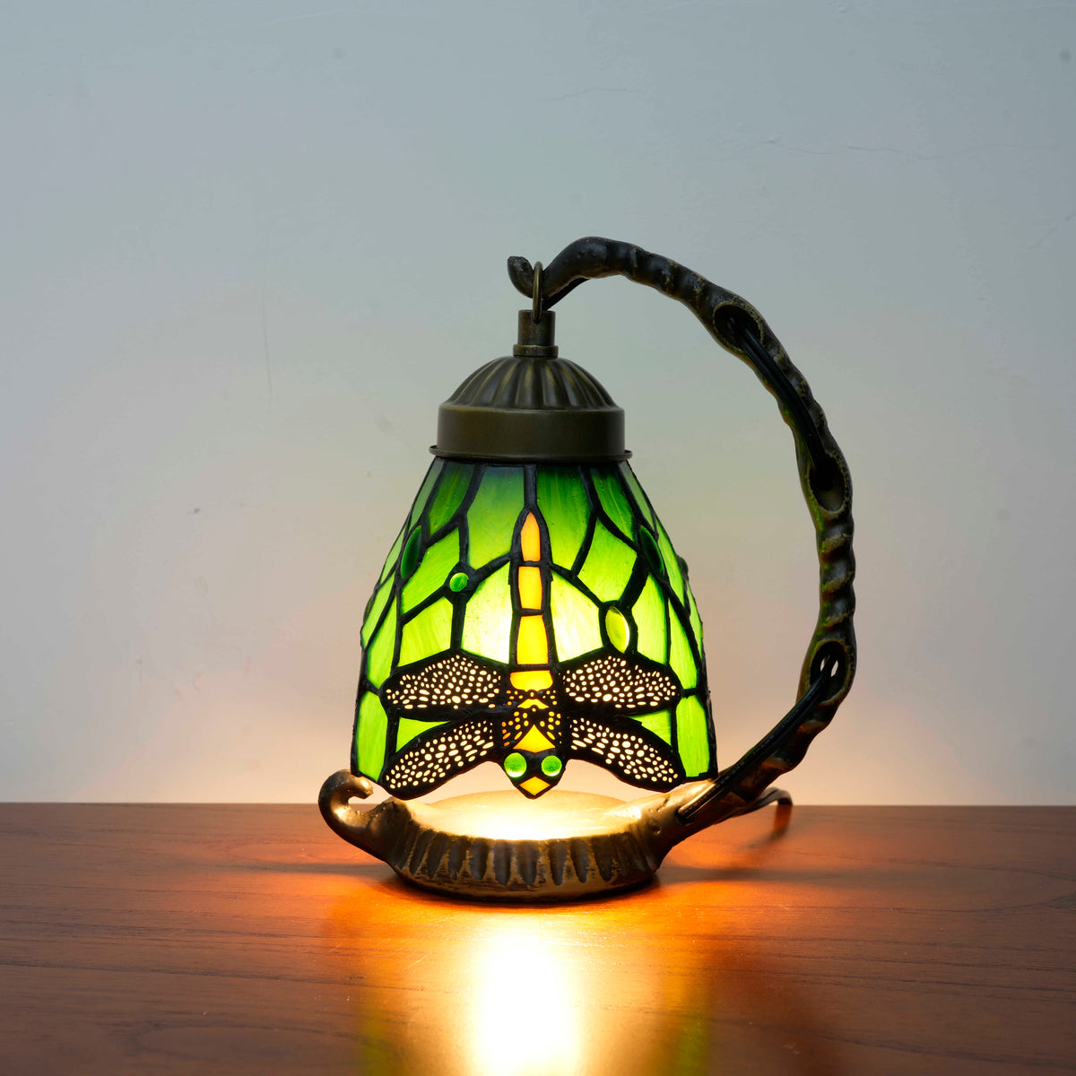 Tiffany Dragonfly Table Lamp in Green Tinted Glass