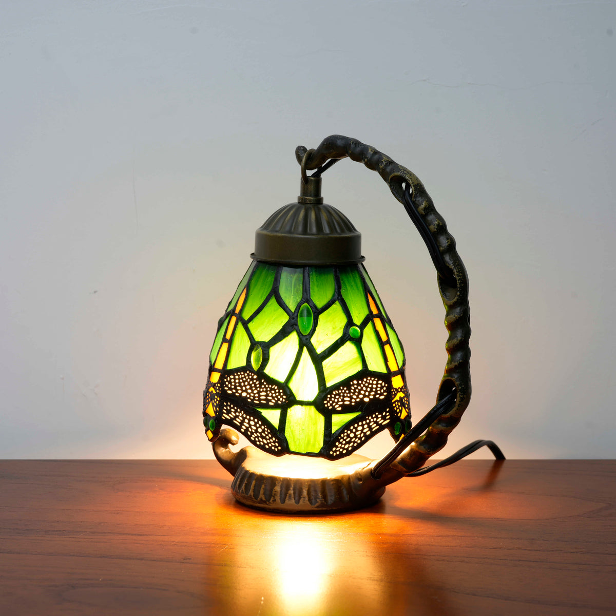 Tiffany Dragonfly Table Lamp in Green Tinted Glass