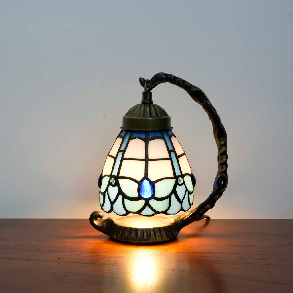 Tiffany Table Lamp in Blue Stained Glass with Bronze Base