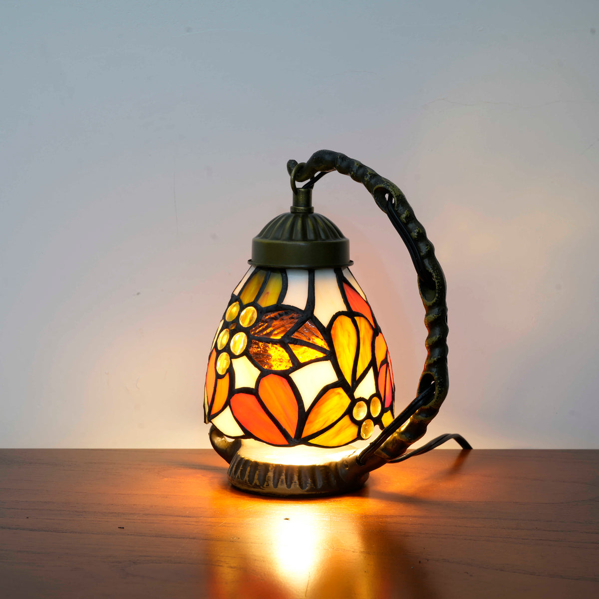 Floral Stained Glass Table Lamp with Branch Base