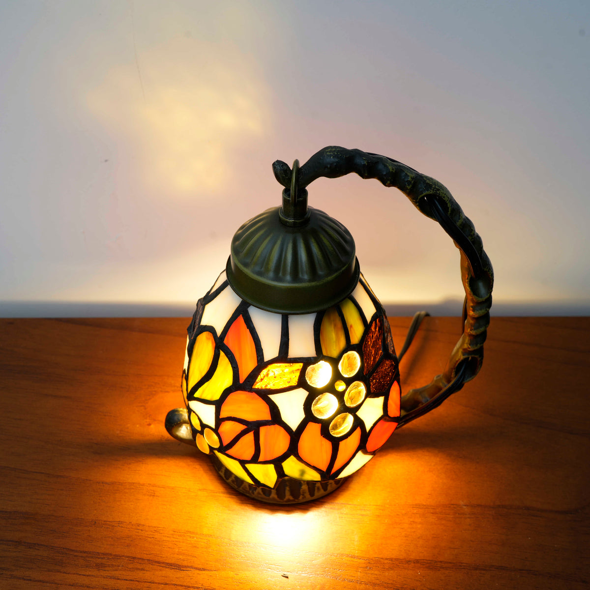 Floral Stained Glass Table Lamp with Branch Base