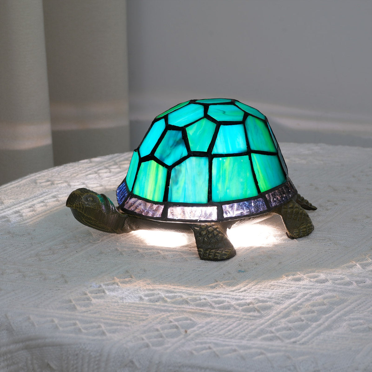 Turtle Lamp in Tiffany Style Tinted Glass, Turquoise Green