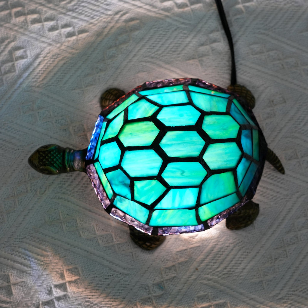 Turtle Lamp in Tiffany Style Tinted Glass, Turquoise Green