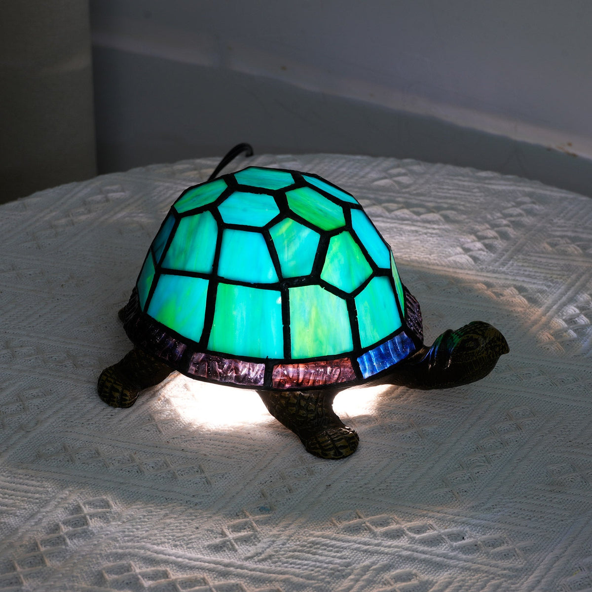 Turtle Lamp in Tiffany Style Tinted Glass, Turquoise Green