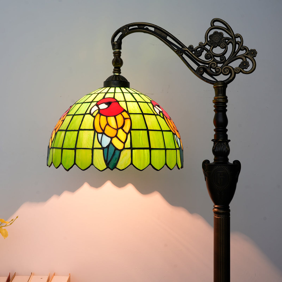 Tiffany Floor Lamp in Green Stained Glass with Birds