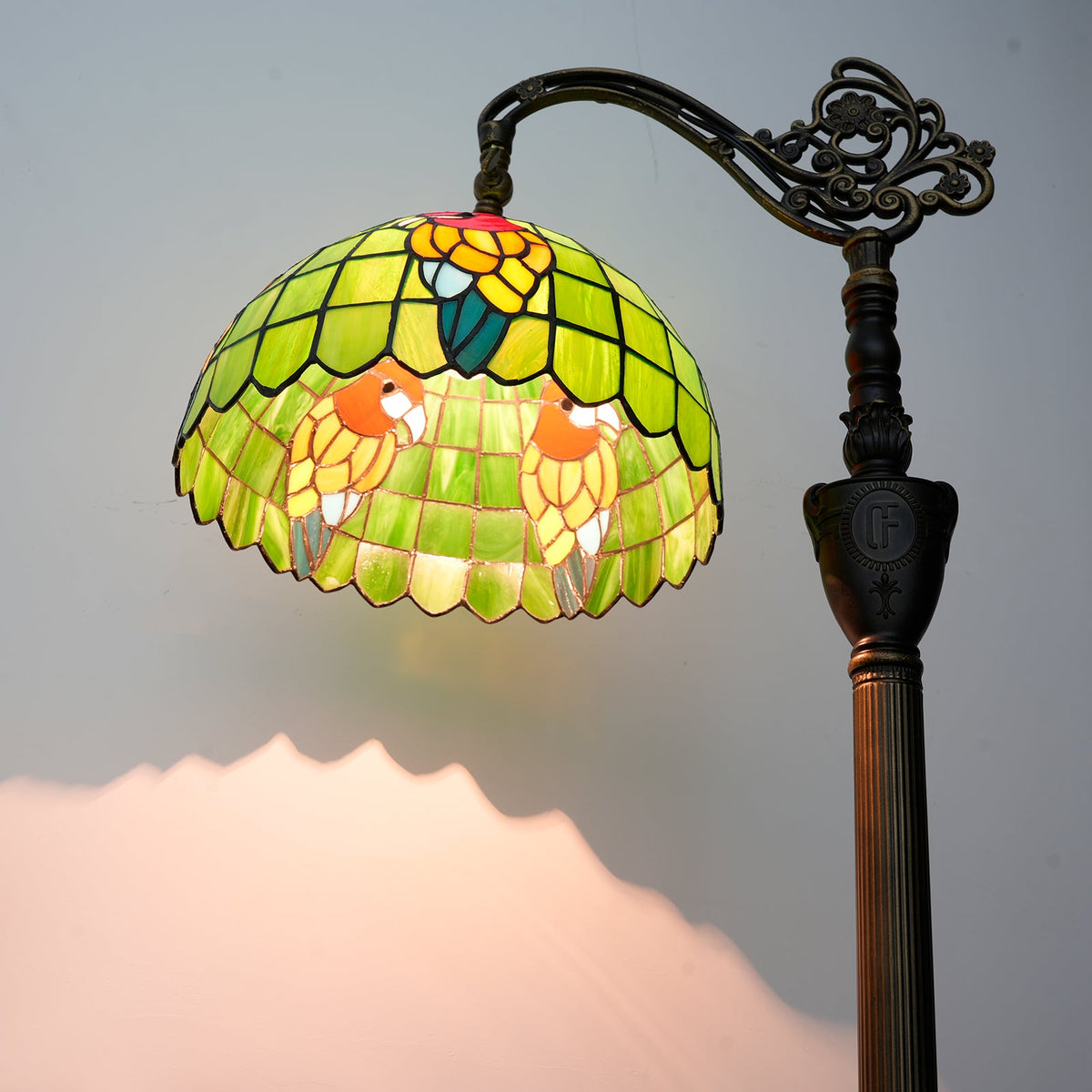 Tiffany Floor Lamp in Green Stained Glass with Birds