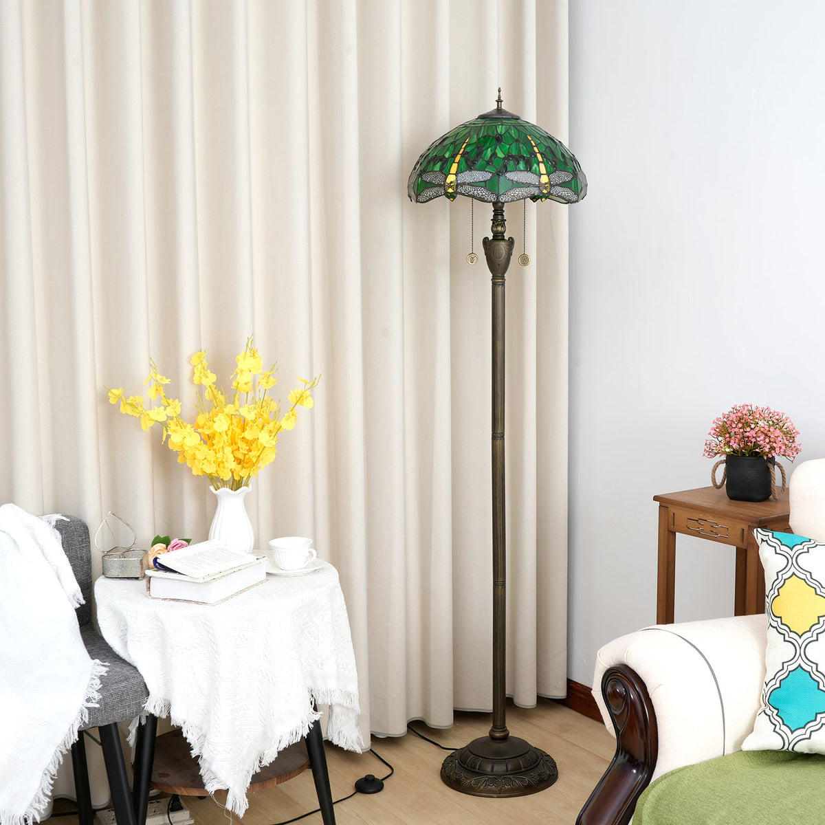 Art Nouveau Stained Glass Floor Lamp with Green Dragonflies