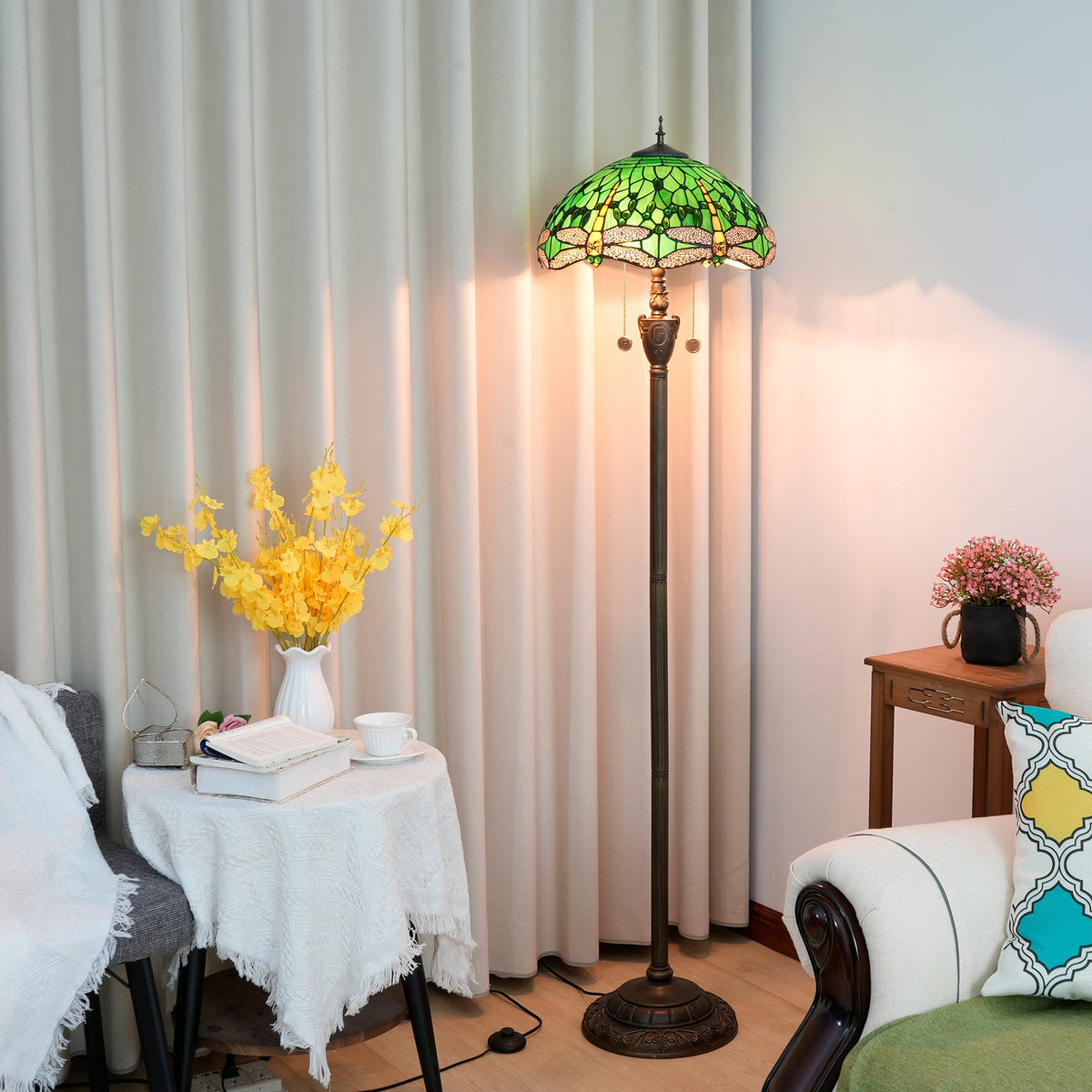Art Nouveau Stained Glass Floor Lamp with Green Dragonflies