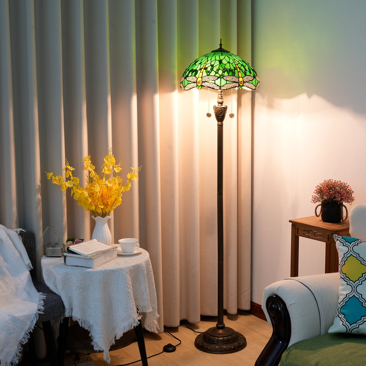 Art Nouveau Stained Glass Floor Lamp with Green Dragonflies