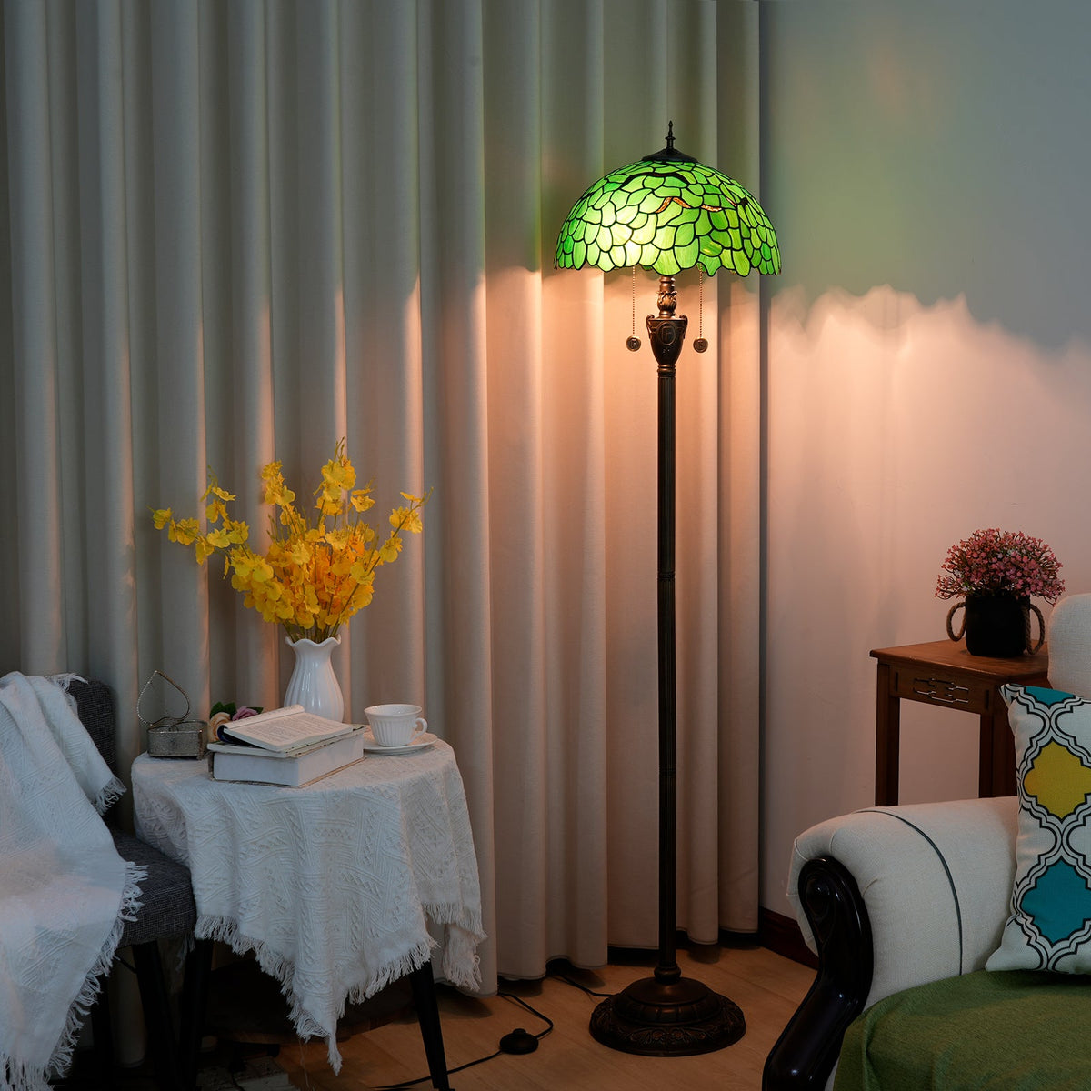 Tiffany Floor Lamp in Green and Bronze Stained Glass