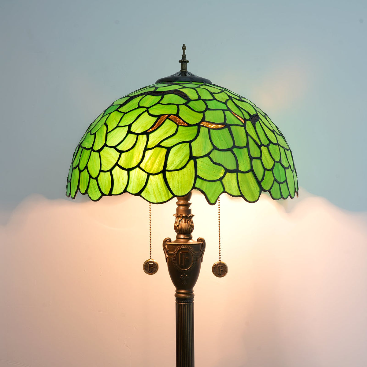 Tiffany Floor Lamp in Green and Bronze Stained Glass