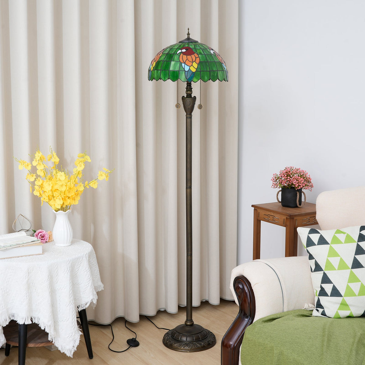 Tiffany-style floor lamp in green stained glass with parrots