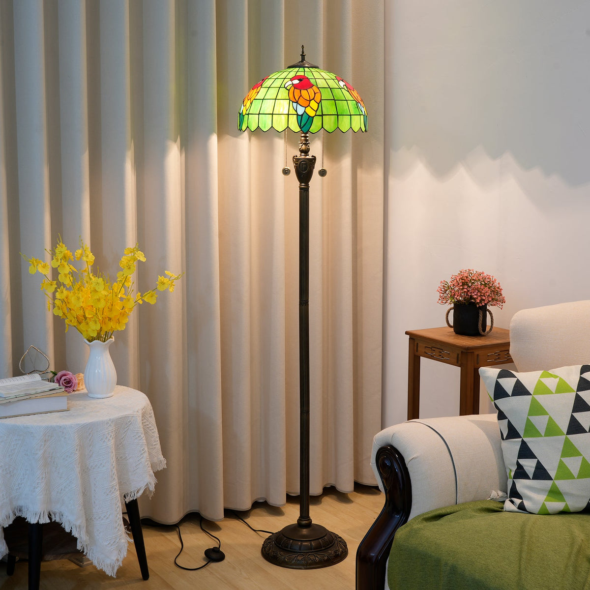 Tiffany-style floor lamp in green stained glass with parrots