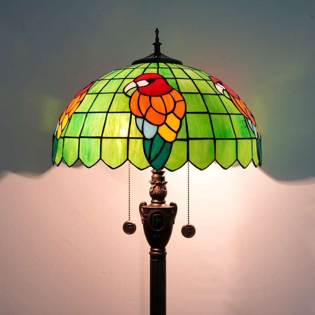 Tiffany-style floor lamp in green stained glass with parrots