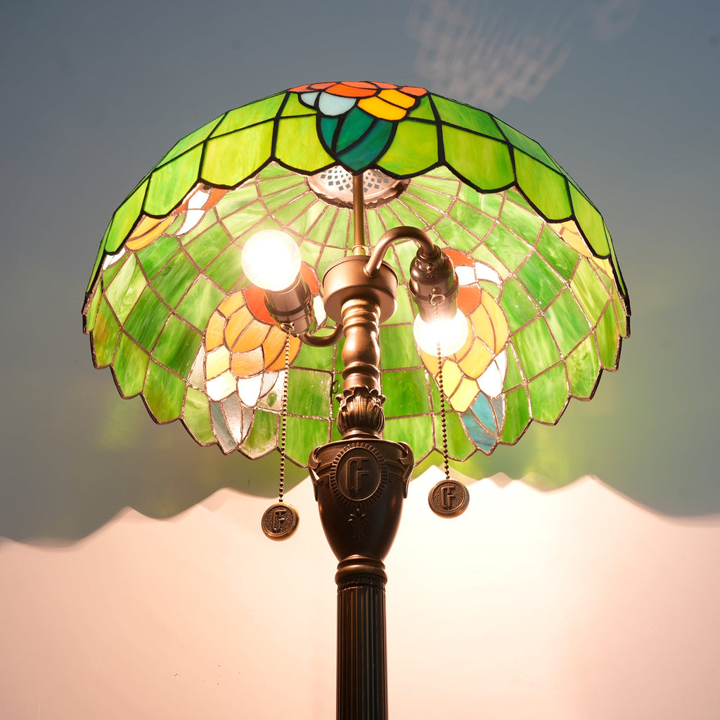 Tiffany-style floor lamp in green stained glass with parrots