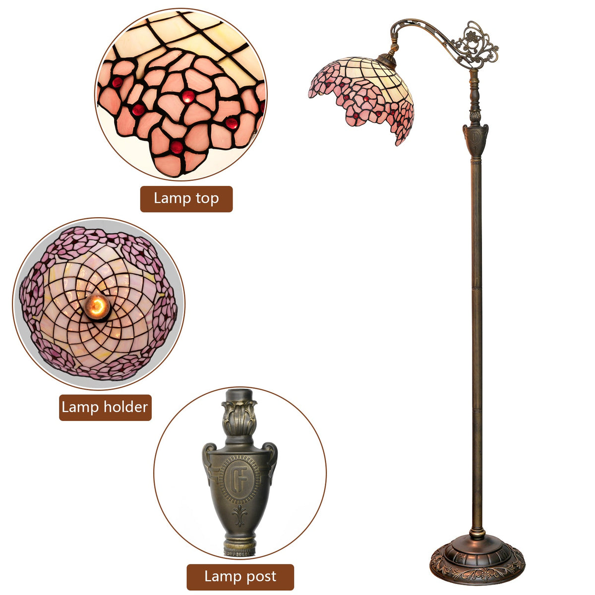 Ornate Pink Stained Glass Arc Floor Lamp, Tiffany Style