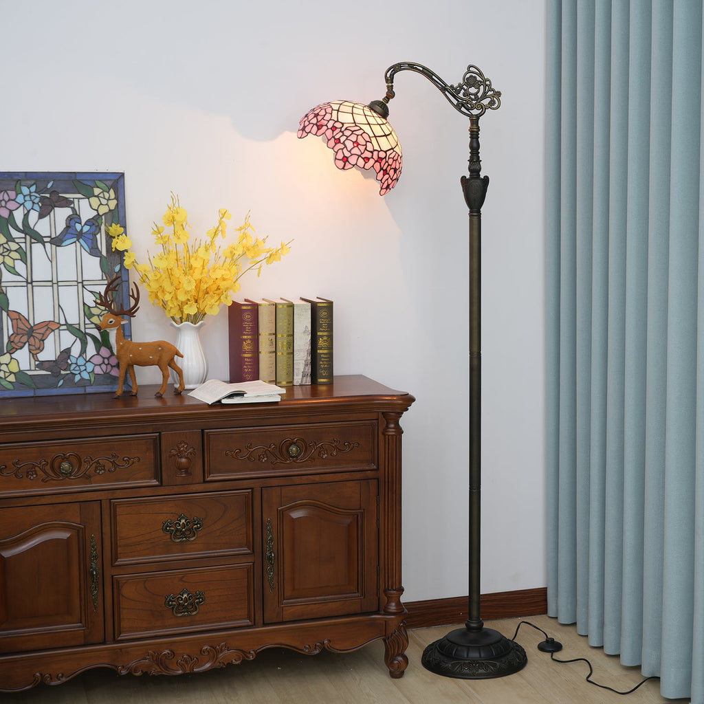 Ornate Pink Stained Glass Arc Floor Lamp, Tiffany Style