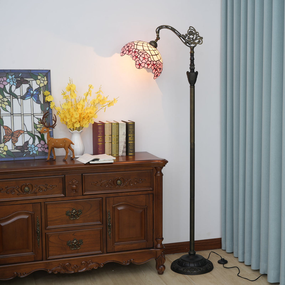 Ornate Pink Stained Glass Arc Floor Lamp, Tiffany Style
