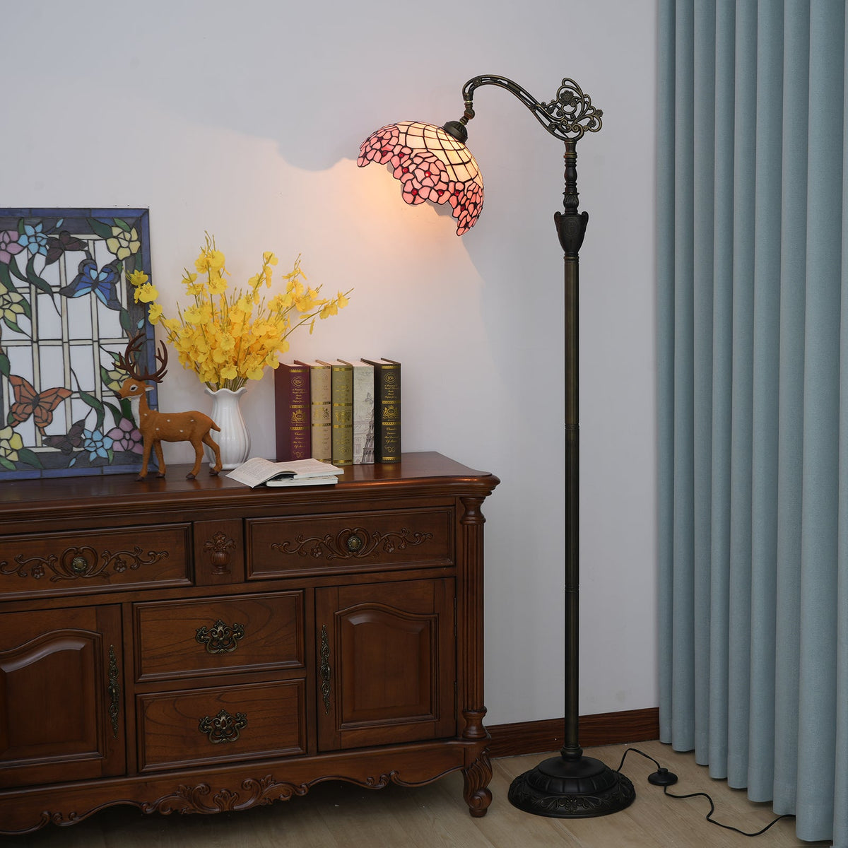 Ornate Pink Stained Glass Arc Floor Lamp, Tiffany Style