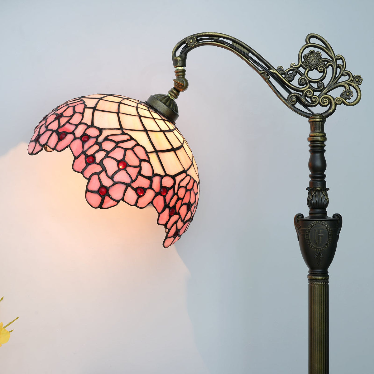 Ornate Pink Stained Glass Arc Floor Lamp, Tiffany Style