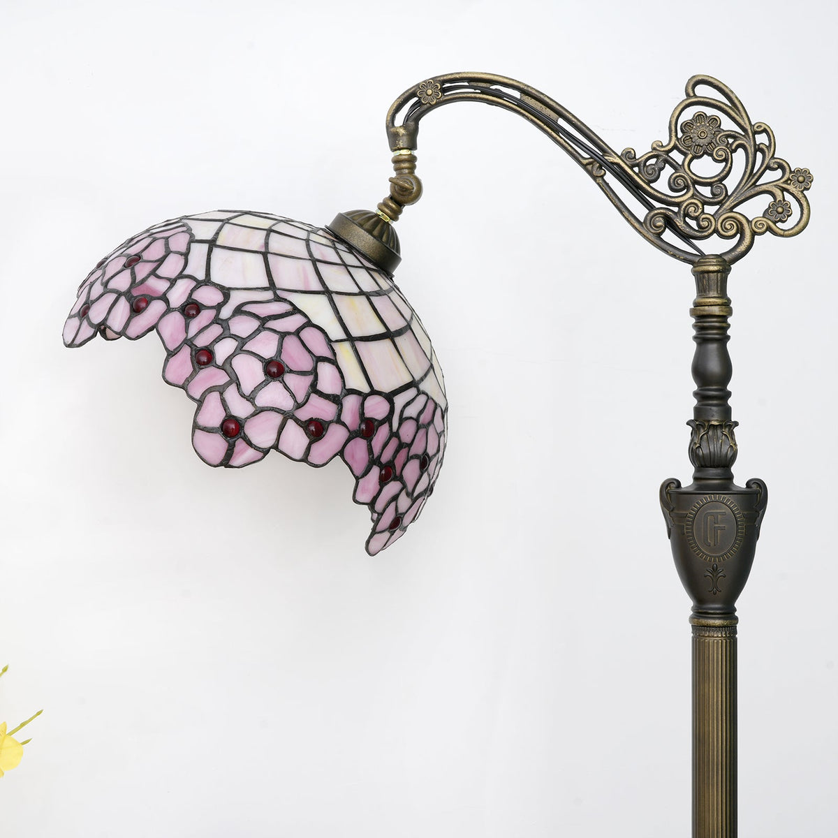 Ornate Pink Stained Glass Arc Floor Lamp, Tiffany Style