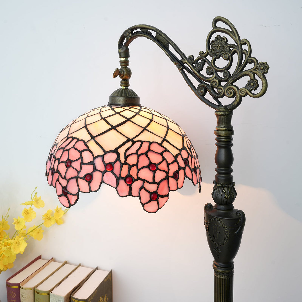 Ornate Pink Stained Glass Arc Floor Lamp, Tiffany Style