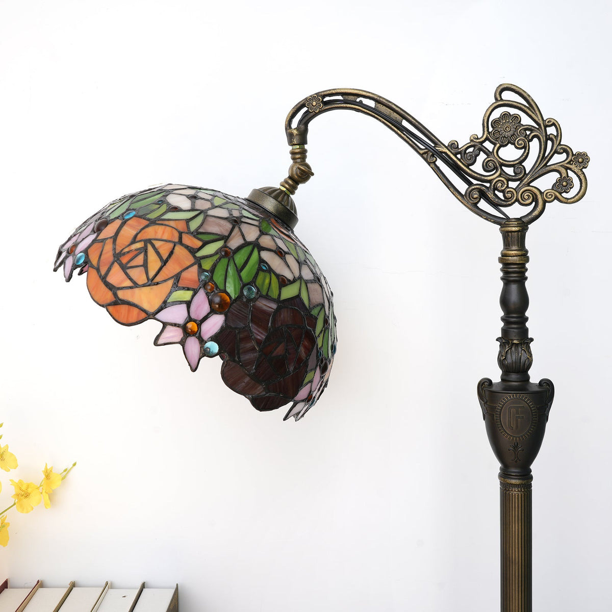 Tiffany stained glass floor lamp with roses and sculpted base