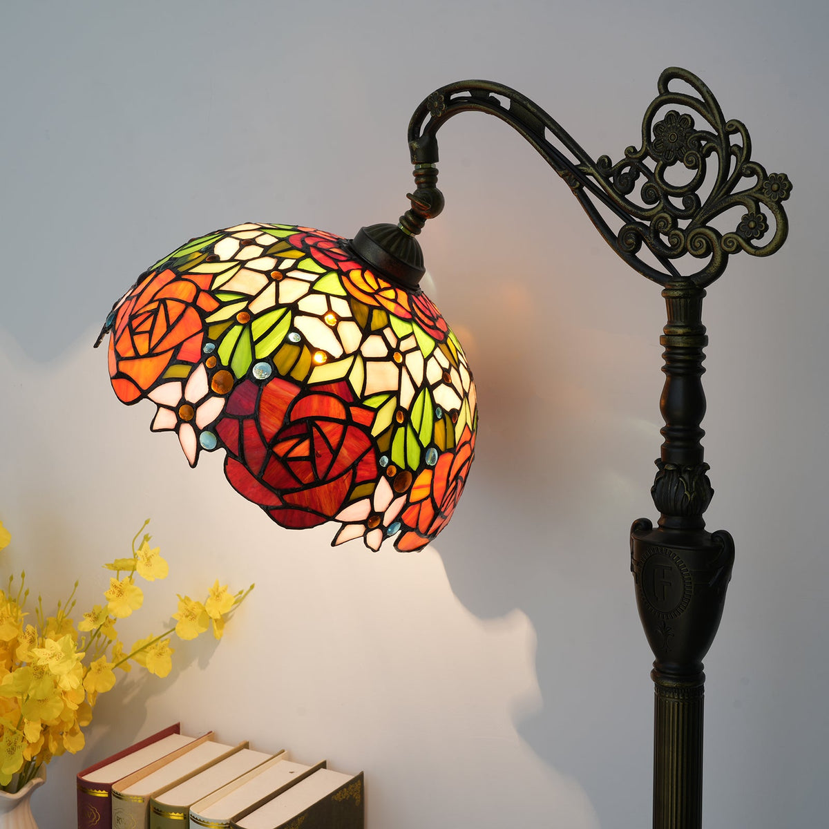 Tiffany stained glass floor lamp with roses and sculpted base