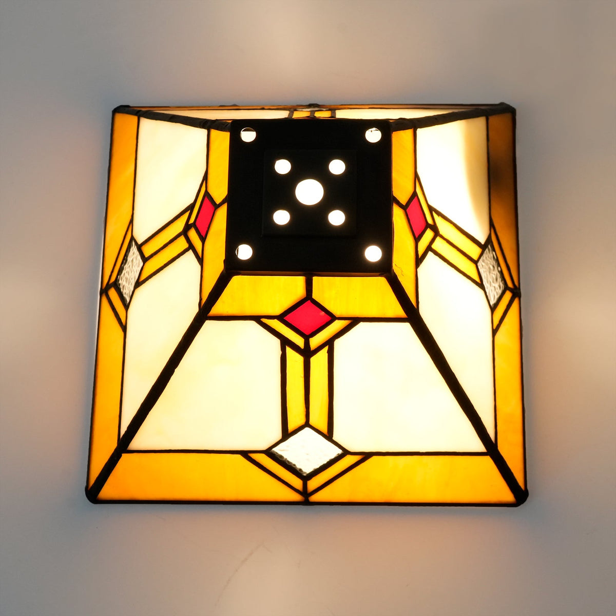 Art Deco lampshade in Cream and Amber Red Stained Glass