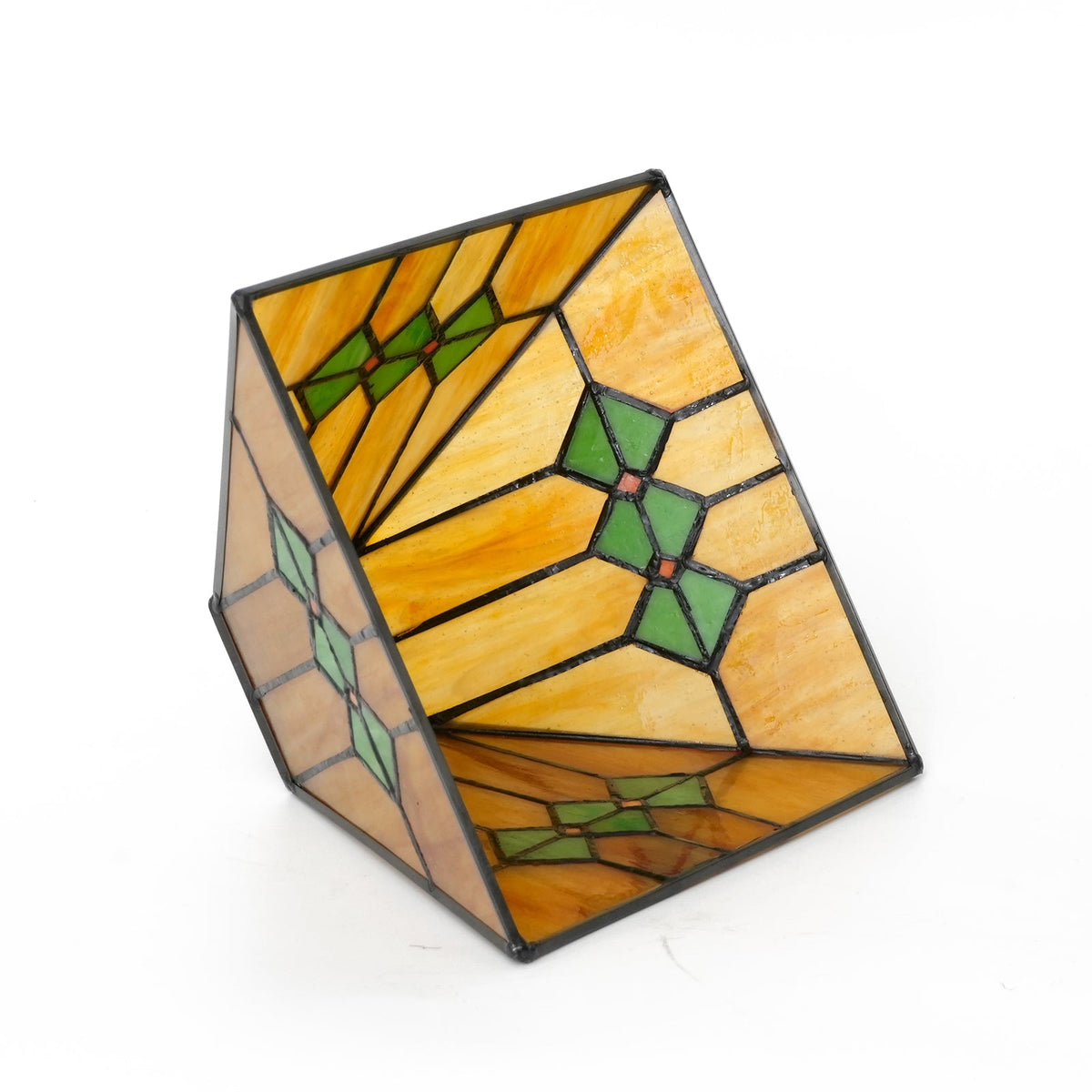 Tiffany-style glass lampshade in amber, green, and pink