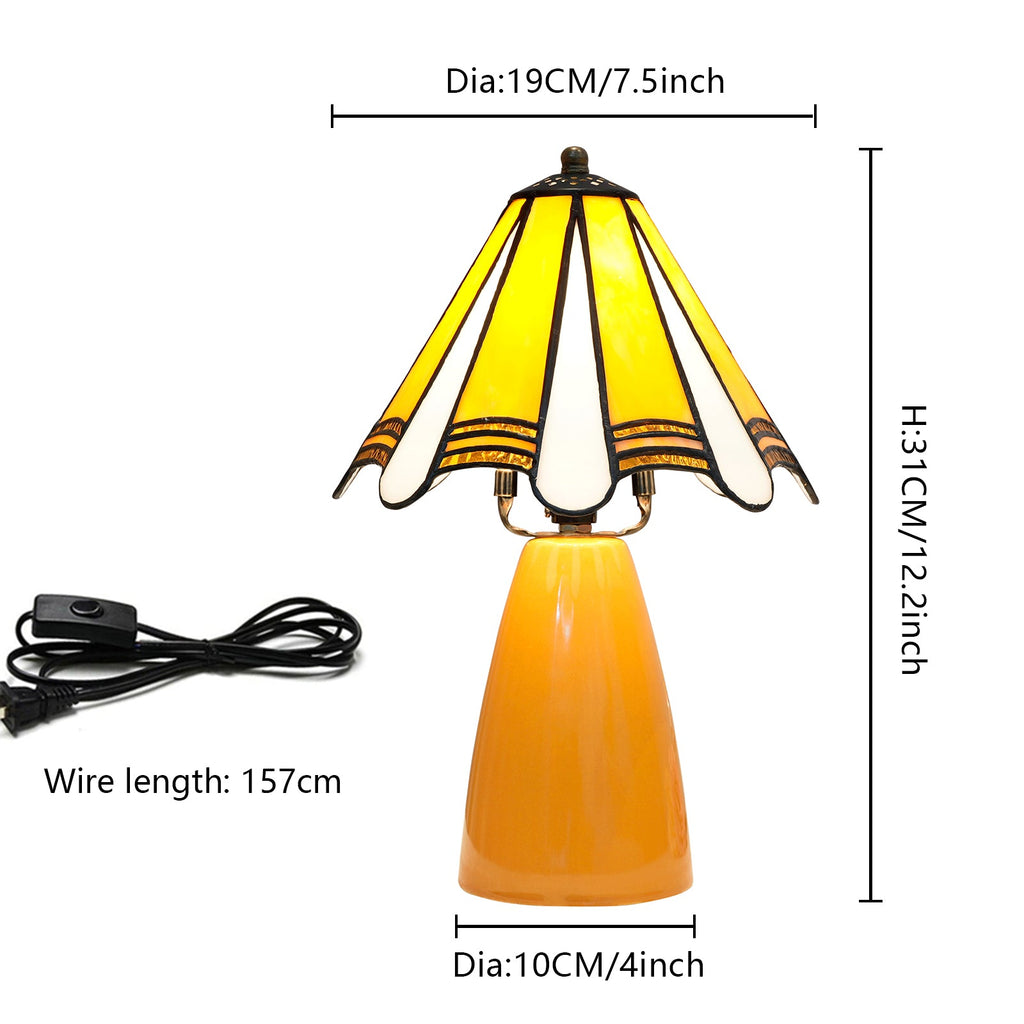 Yellow and White Stained Glass Table Lamp with Amber Base